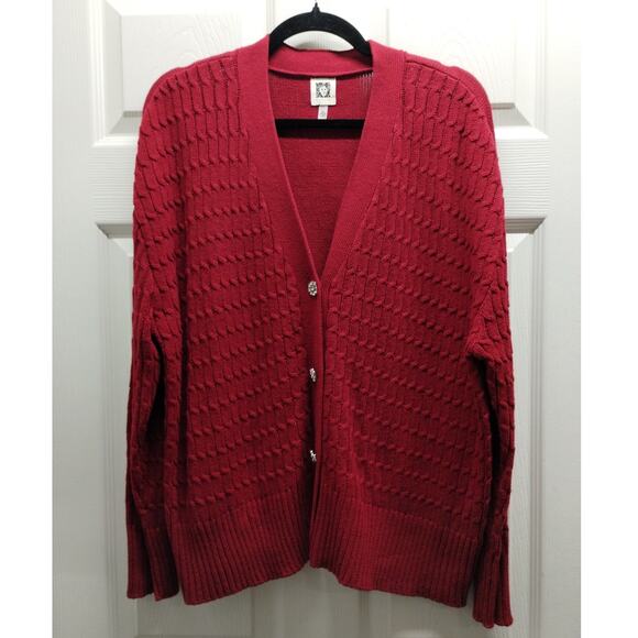 Anne Klein Size XL Red Cable Knit Jeweled Rhinestone Button Up Cardigan Sweater - Picture 1 of 7